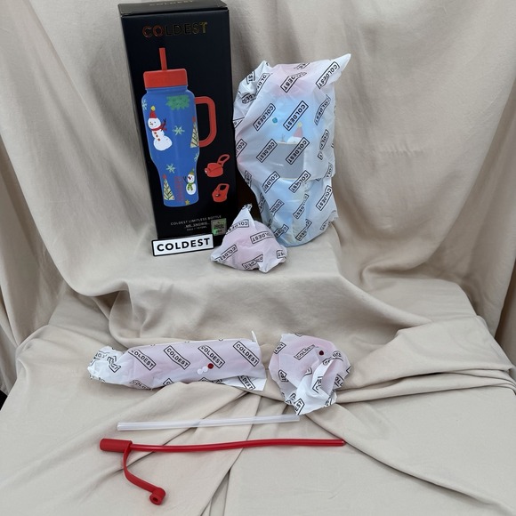 Coldest Limitless Ultra Bottle Mr. Snowie‎ 36 oz Tumbler Blue Red Winter 3 Lids - Picture 2 of 8